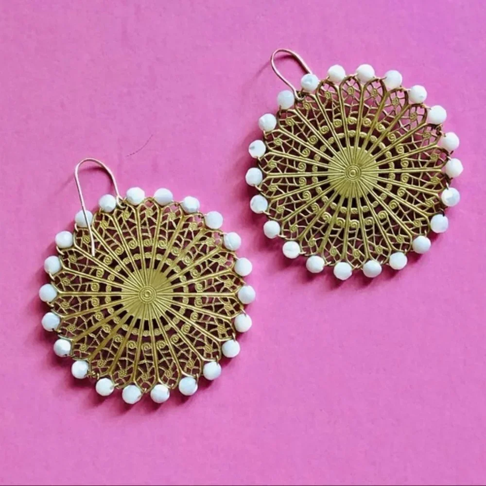 Gold Toned Filigree‎ Beaded Disc Boho Earrings